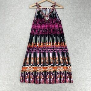 JohnPaulRichard Dress Womens Medium Pink Beaded Halter Geometric Swing Sundress